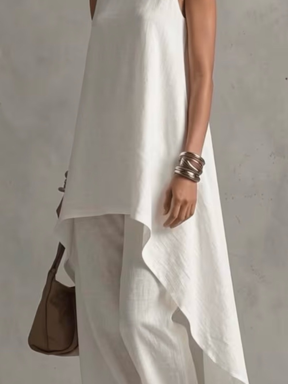 Women’s White High-Low Tunic & Wide-Leg Pants Set Sleeveless - Picture 8 of 9